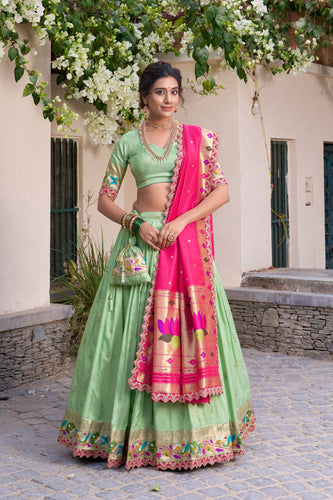 Pista Paithani Jacquard Silk Lehenga Set with Zari Weaving, Embroidery & Scallop ClothsVilla