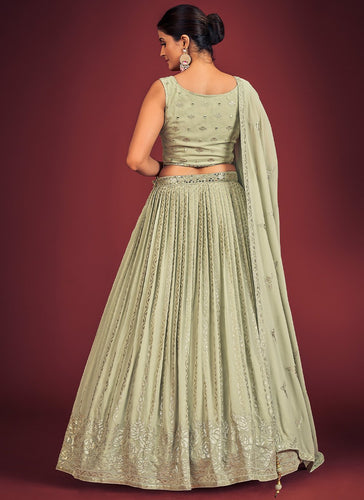 Pista Pakistani Georgette Lehenga Choli For Indian Festivals & Weddings - Sequence Embroidery Work, Mirror Work Clothsvilla