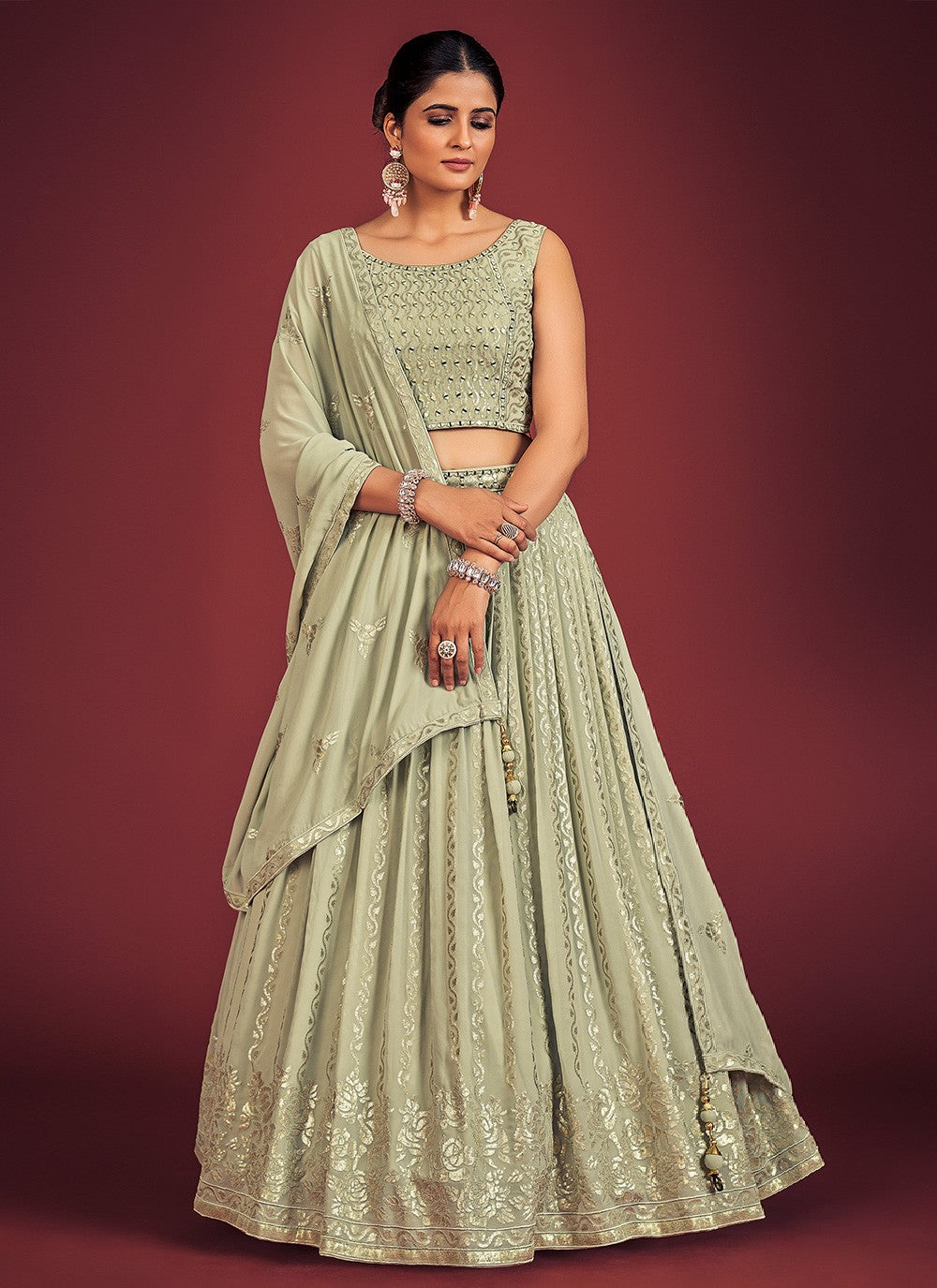 Pista Pakistani Georgette Lehenga Choli For Indian Festivals & Weddings - Sequence Embroidery Work, Mirror Work Clothsvilla Main image