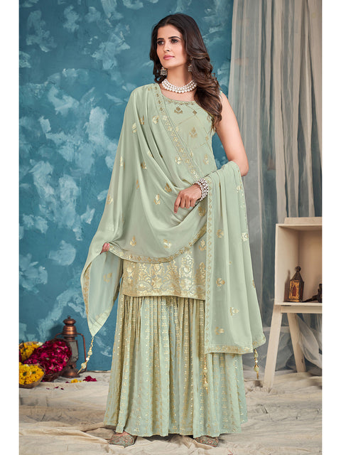 Pista Pakistani Georgette Sharara For Indian Festivals & Weddings - Sequence Embroidery Work, Zari Work Clothsvilla Main image