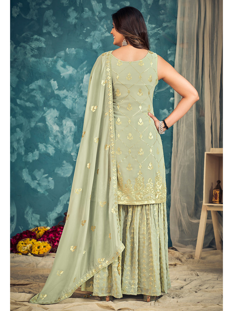 Pista Pakistani Georgette Sharara For Indian Festivals & Weddings - Sequence Embroidery Work, Zari Work Clothsvilla