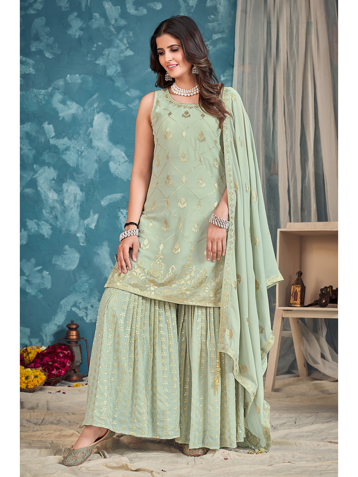 Pista Pakistani Georgette Sharara For Indian Festivals & Weddings - Sequence Embroidery Work, Zari Work Clothsvilla