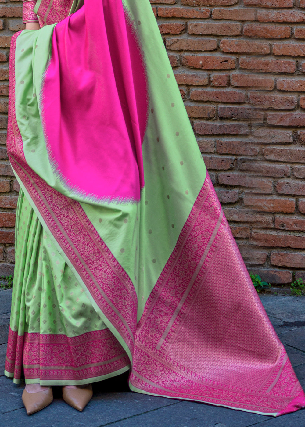 Pista & Pink Regal Banarasi Soft Silk Saree with Intricate Timeless Design & Blouse Piece ClothsVilla