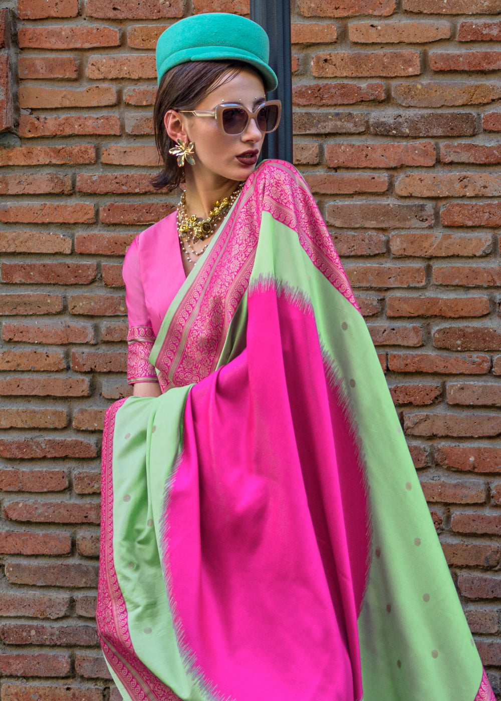 Pista & Pink Regal Banarasi Soft Silk Saree with Intricate Timeless Design & Blouse Piece ClothsVilla