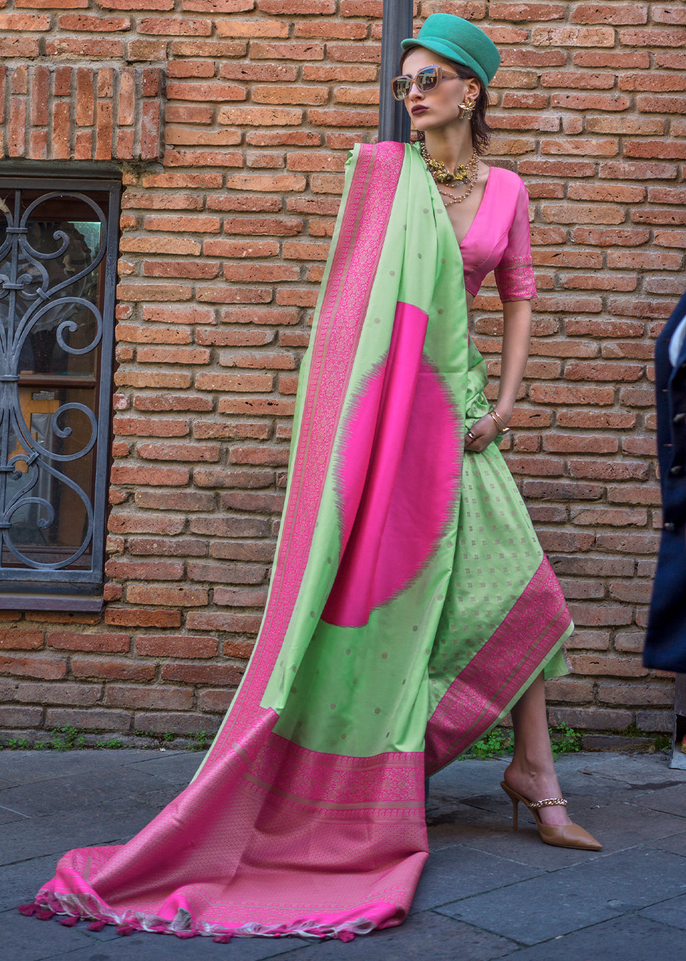 Pista & Pink Regal Banarasi Soft Silk Saree with Intricate Timeless Design & Blouse Piece ClothsVilla