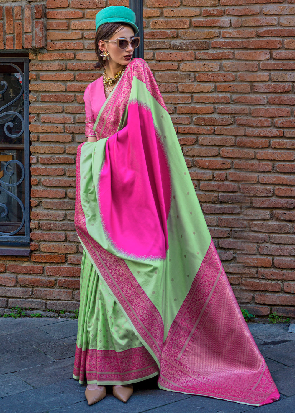 Pista & Pink Regal Banarasi Soft Silk Saree with Intricate Timeless Design & Blouse Piece ClothsVilla