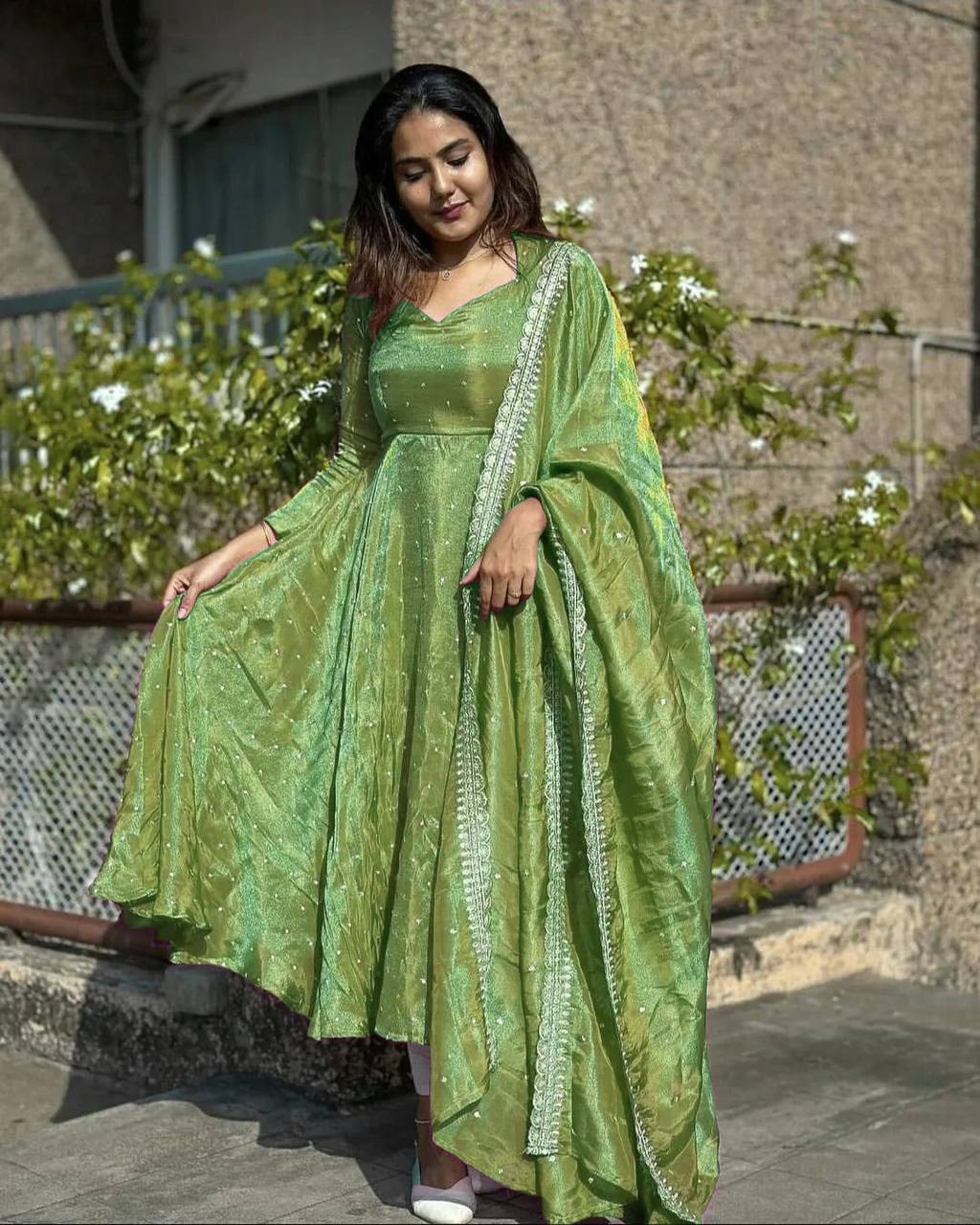Pista Premium Designer Party Wear Pur Twil Gold Net Anarkali Gown, Dupatta Set – Elegant Festive Look ClothsVilla Main image