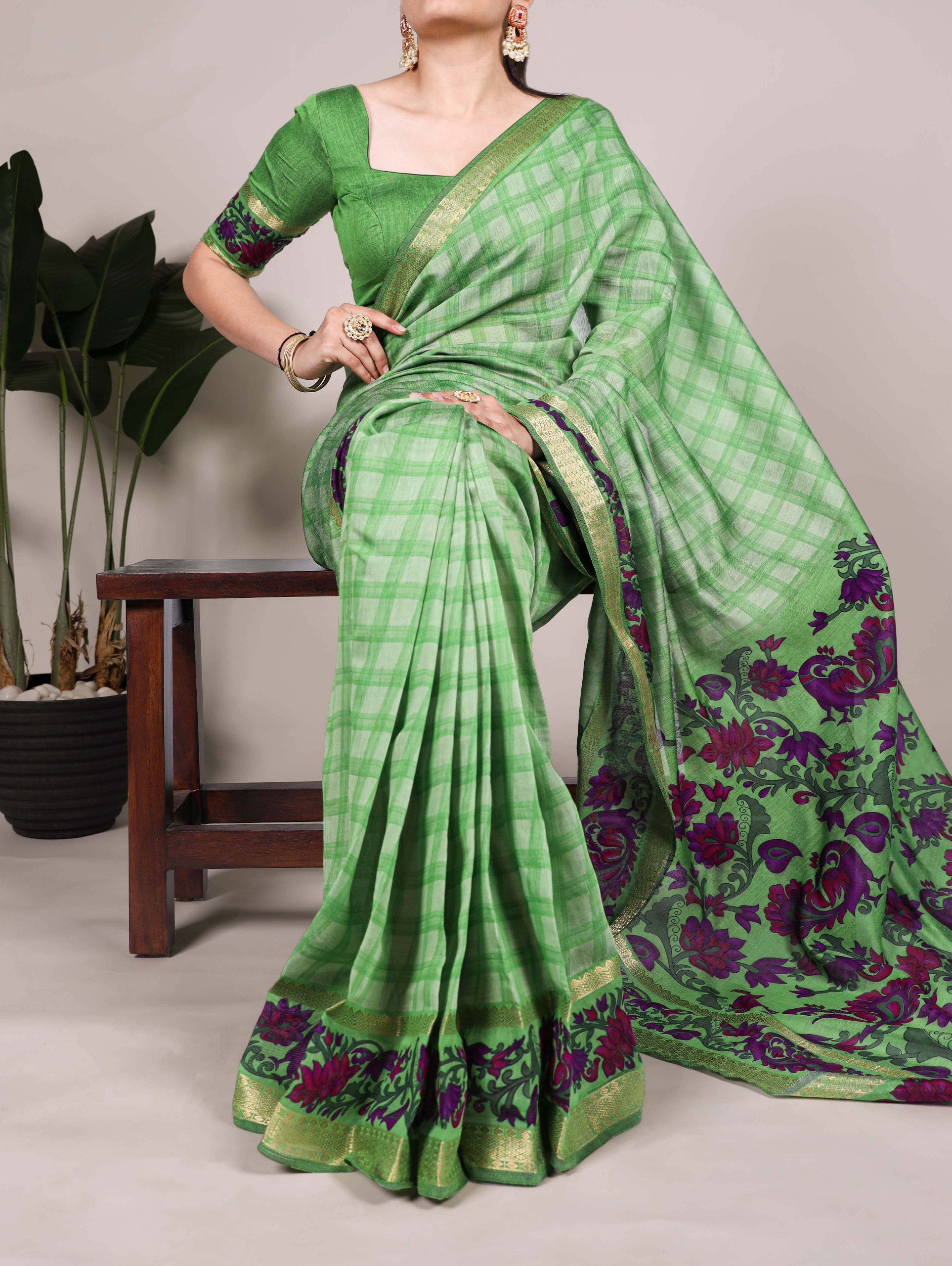 Pista Printed Chanderi Saree with Zari Weaving Work Polyester Viscose Clothsvilla Main image