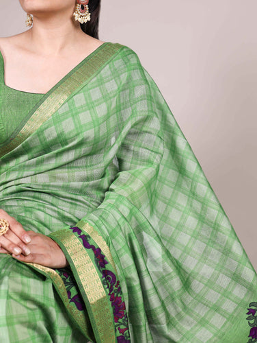 Pista Printed Chanderi Saree with Zari Weaving Work Polyester Viscose Clothsvilla