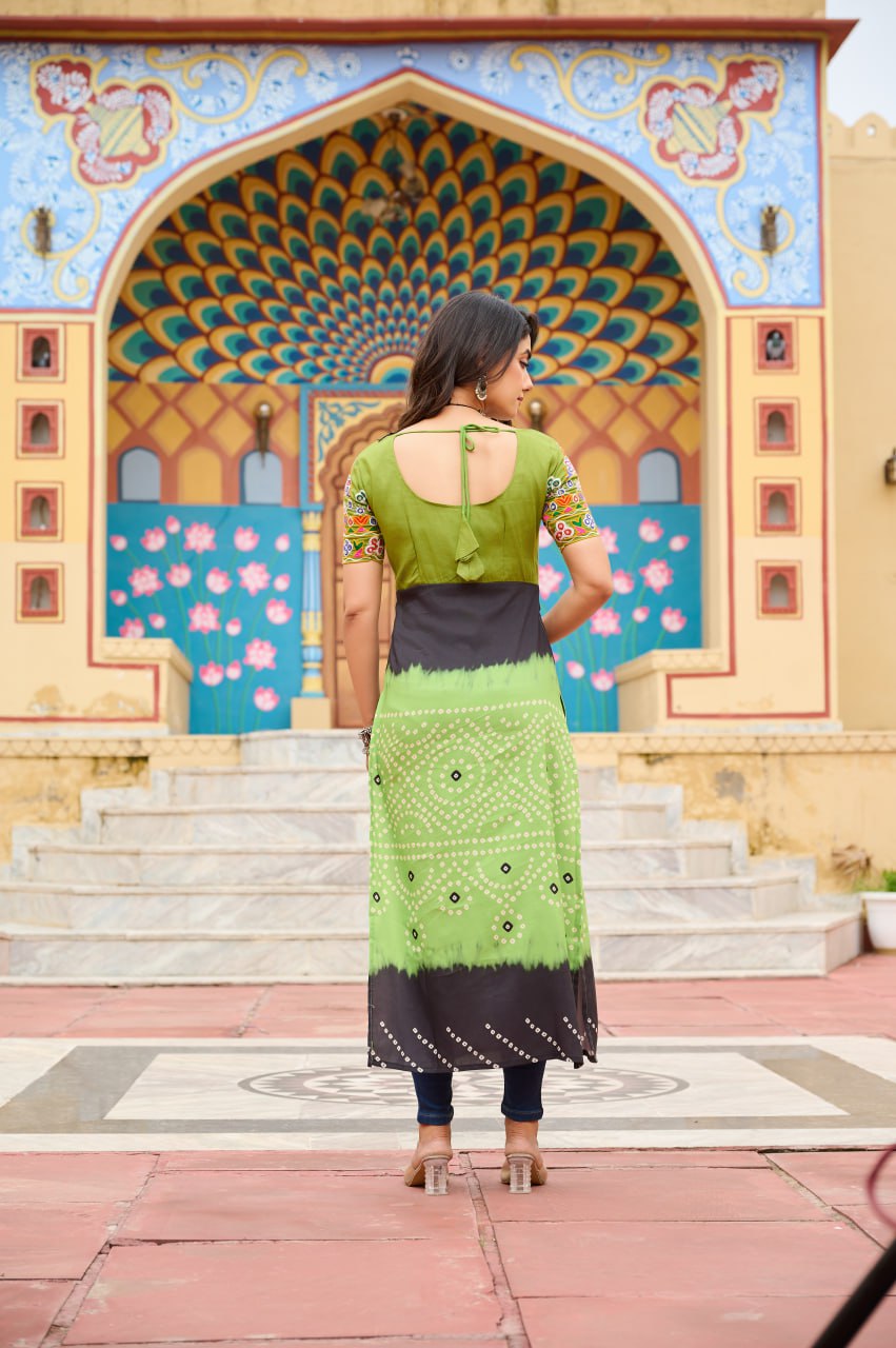 Pista Printed Rayon Kurti with Kutchi Gamthi Work – Round Neck, Half Sleeves, Cotton Lined ClothsVilla