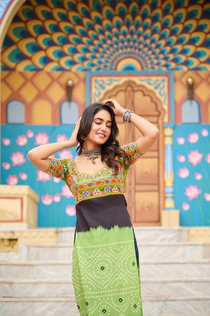 Pista Printed Rayon Kurti with Kutchi Gamthi Work – Round Neck, Half Sleeves, Cotton Lined ClothsVilla