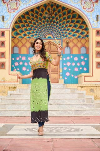 Pista Printed Rayon Kurti with Kutchi Gamthi Work – Round Neck, Half Sleeves, Cotton Lined ClothsVilla