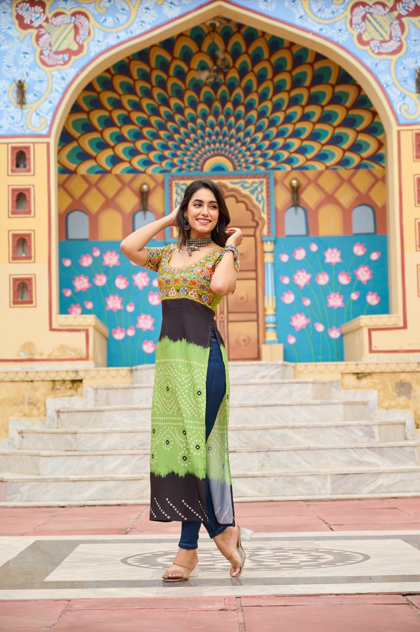 Pista Printed Rayon Kurti with Kutchi Gamthi Work – Round Neck, Half Sleeves, Cotton Lined ClothsVilla