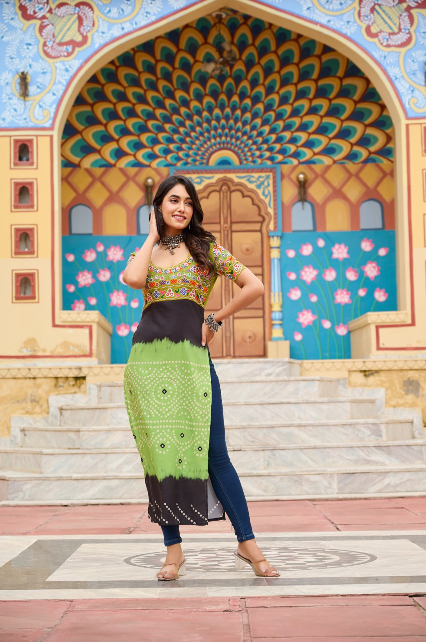 Pista Printed Rayon Kurti with Kutchi Gamthi Work – Round Neck, Half Sleeves, Cotton Lined ClothsVilla