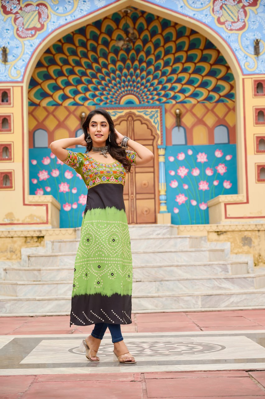 Pista Printed Rayon Kurti with Kutchi Gamthi Work – Round Neck, Half Sleeves, Cotton Lined ClothsVilla