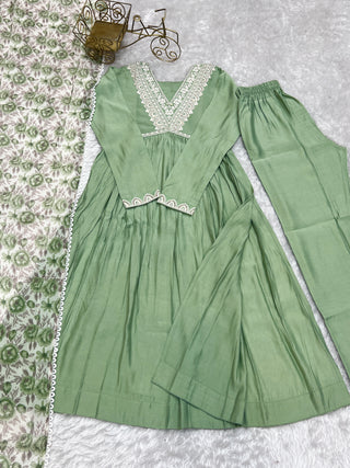 Pista Pure Soft Heavy Romansilk Chanderi Nyra Cut Kurta with Dupatta & Pant Set – Ready to Wear