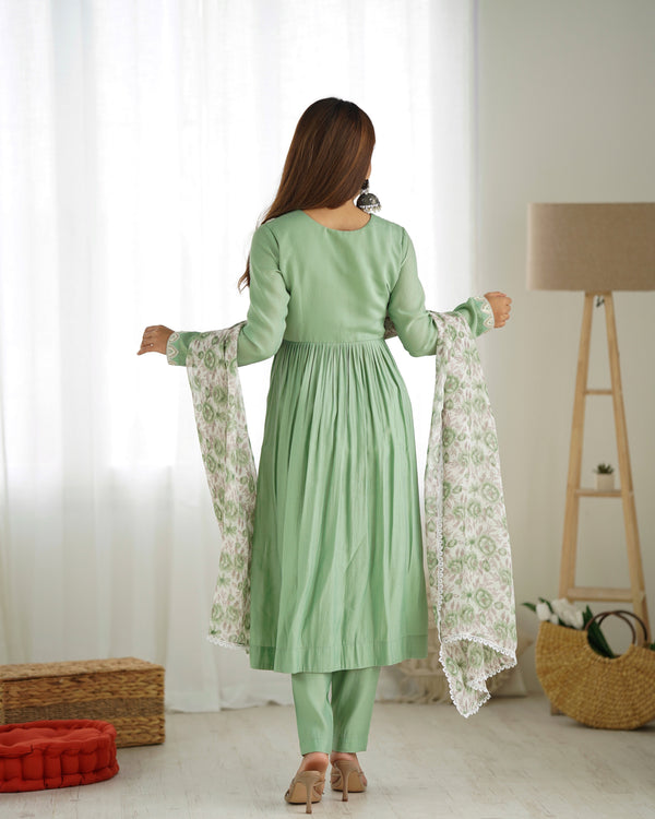 Pista Pure Soft Heavy Romansilk Chanderi Nyra Cut Kurta with Dupatta & Pant Set – Ready to Wear