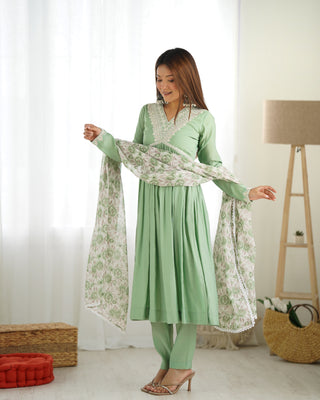 Pista Pure Soft Heavy Romansilk Chanderi Nyra Cut Kurta with Dupatta & Pant Set – Ready to Wear