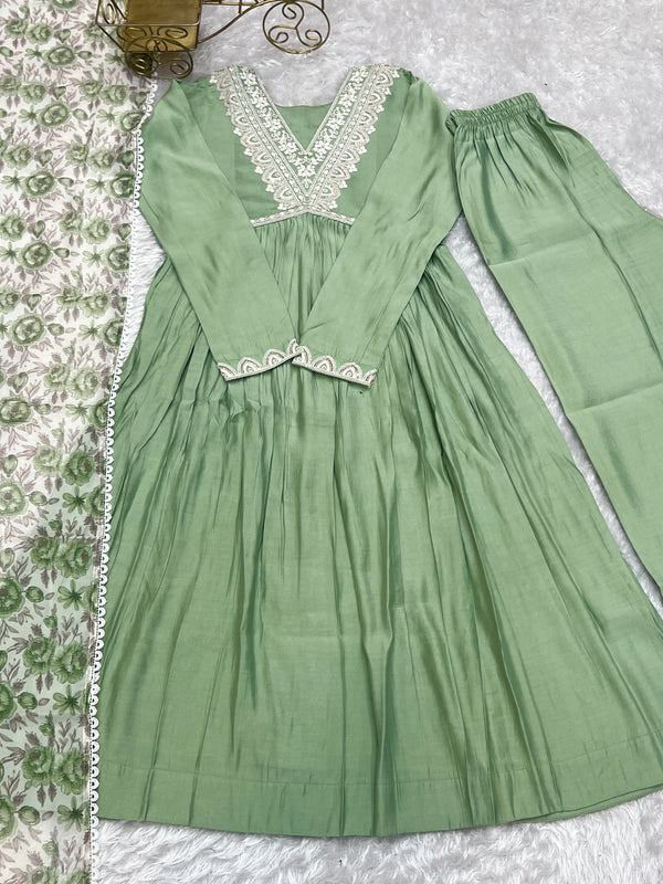 Pista Pure Soft Heavy Romansilk Chanderi Nyra Cut Kurta with Dupatta & Pant Set – Ready to Wear