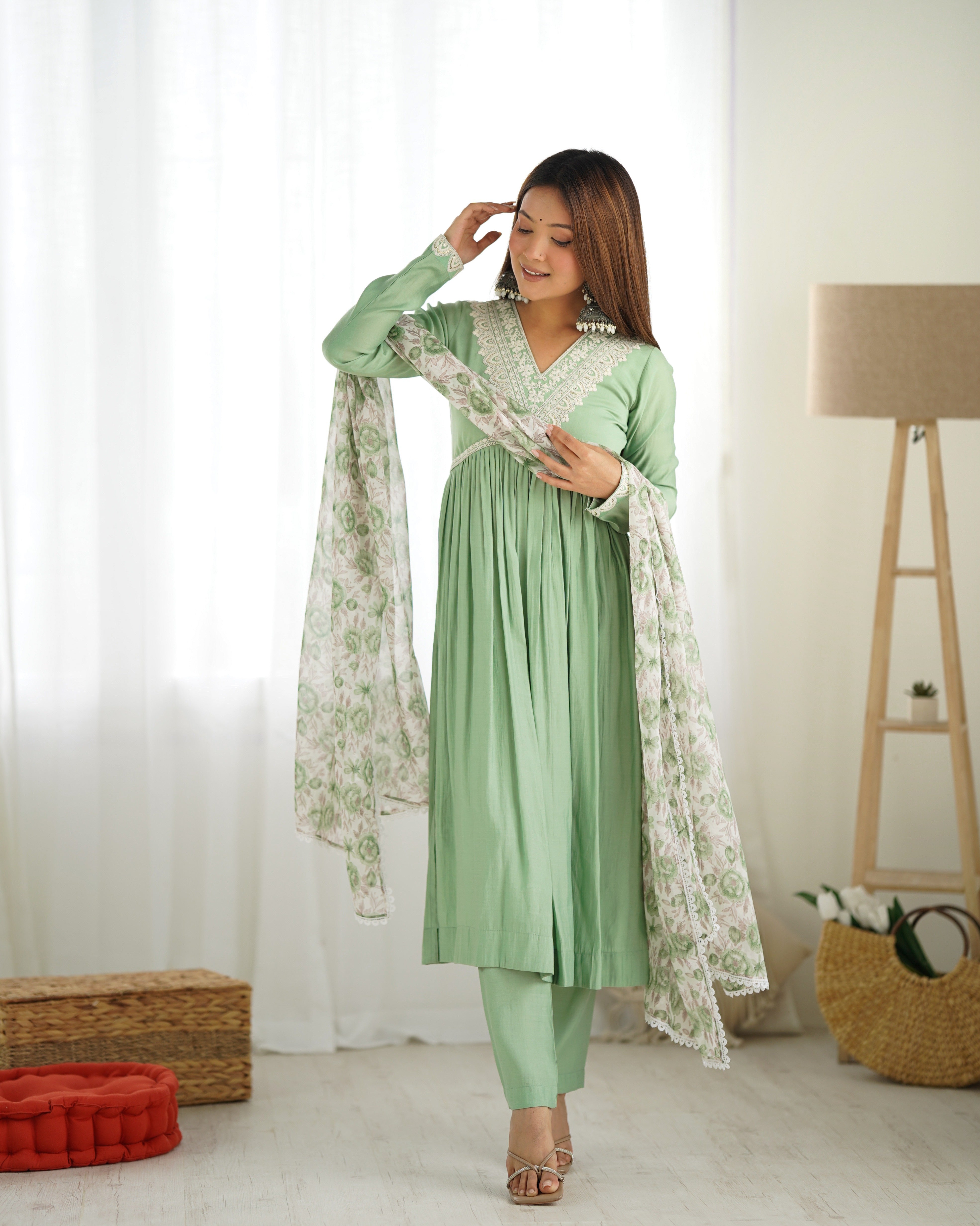 Pista Pure Soft Heavy Romansilk Chanderi Nyra Cut Kurta with Dupatta & Pant Set – Ready to Wear Main image