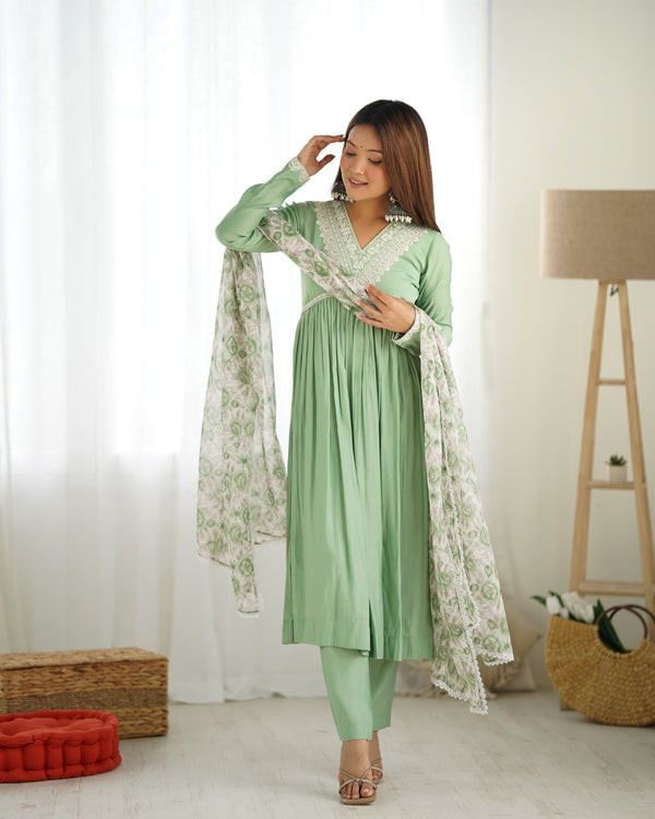 Pista Pure Soft Heavy Romansilk Chanderi Nyra Cut Kurta with Dupatta & Pant Set – Ready to Wear