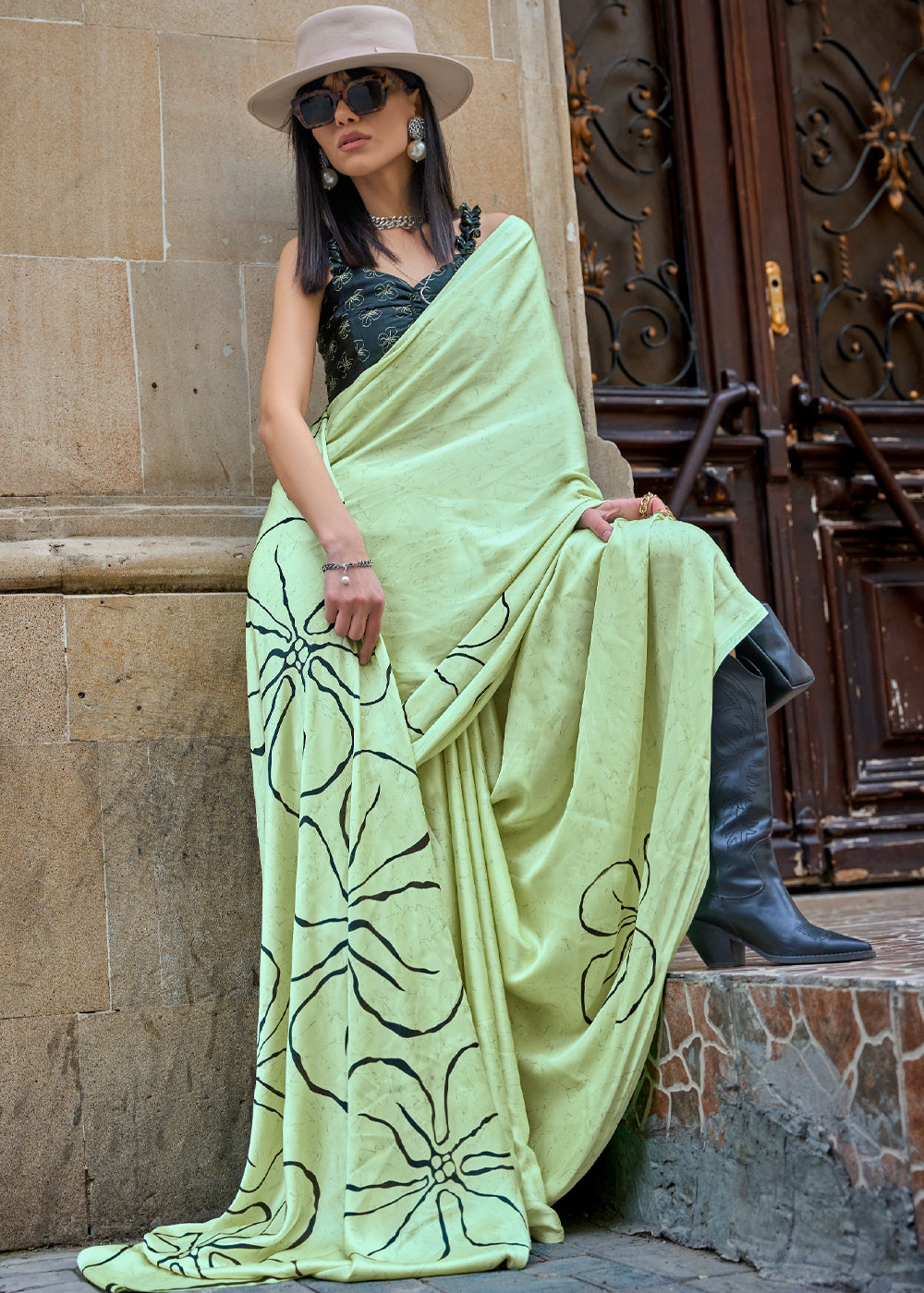 Pista Queen Digital Printed Satin Crepe Saree with Blouse Piece – Festive & Partywear ClothsVilla Main image