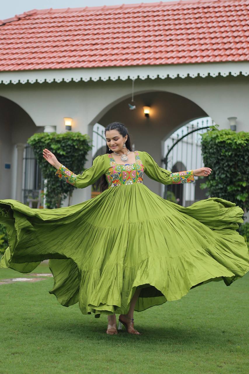 Pista Rayon Kutchi Gamthi Work Gown with 3-Layer Frill & 12 Meter Flair ClothsVilla