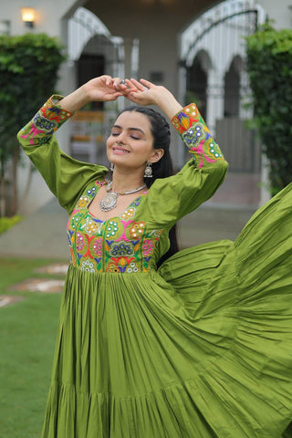Pista Rayon Kutchi Gamthi Work Gown with 3-Layer Frill & 12 Meter Flair ClothsVilla