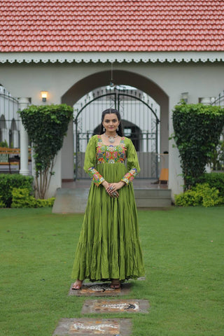 Pista Rayon Kutchi Gamthi Work Gown with 3-Layer Frill & 12 Meter Flair ClothsVilla
