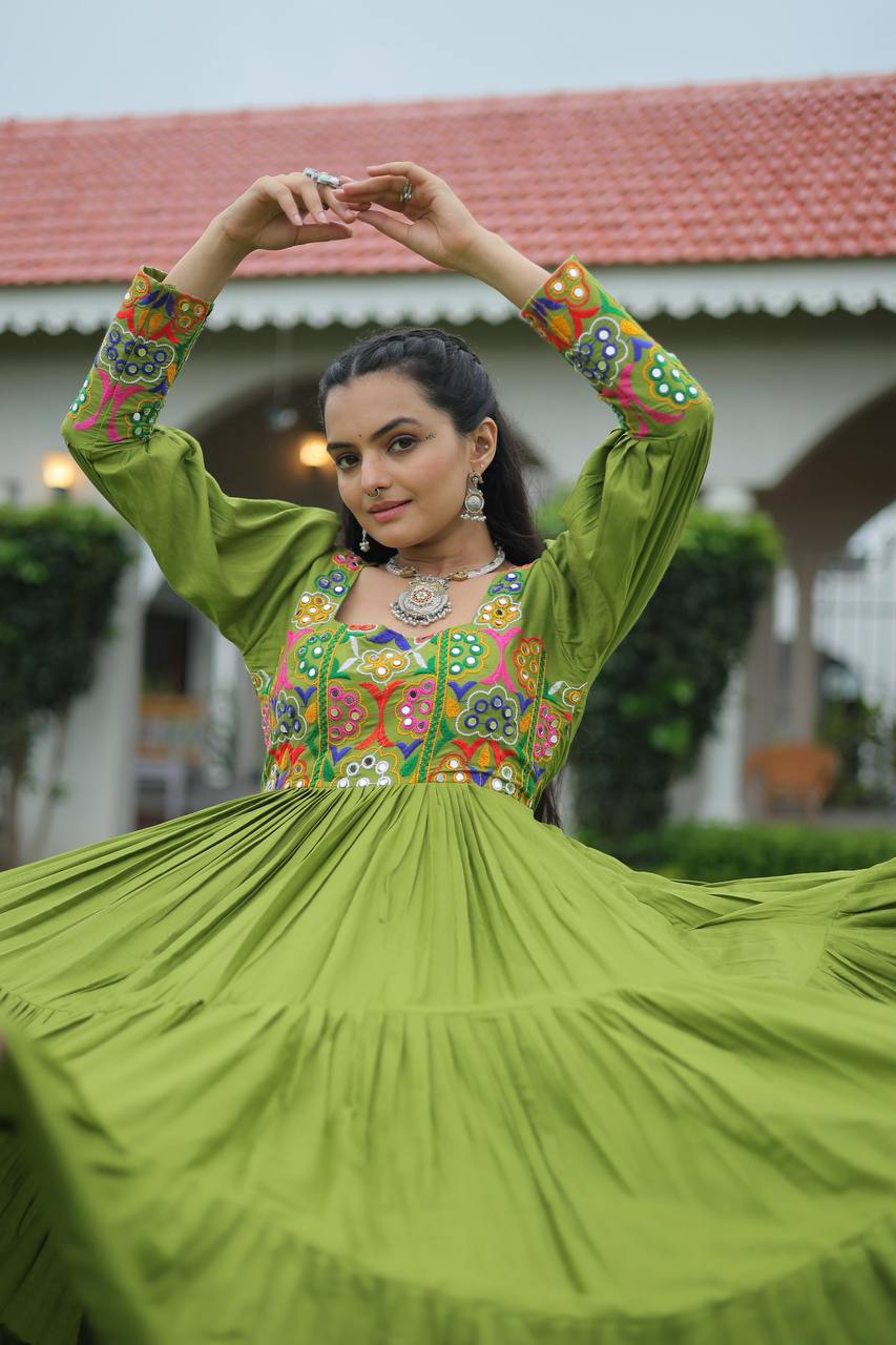 Pista Rayon Kutchi Gamthi Work Gown with 3-Layer Frill & 12 Meter Flair ClothsVilla