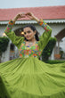 Load image into Gallery viewer, Pista Rayon Kutchi Gamthi Work Gown with 3-Layer Frill &amp; 12 Meter Flair ClothsVilla