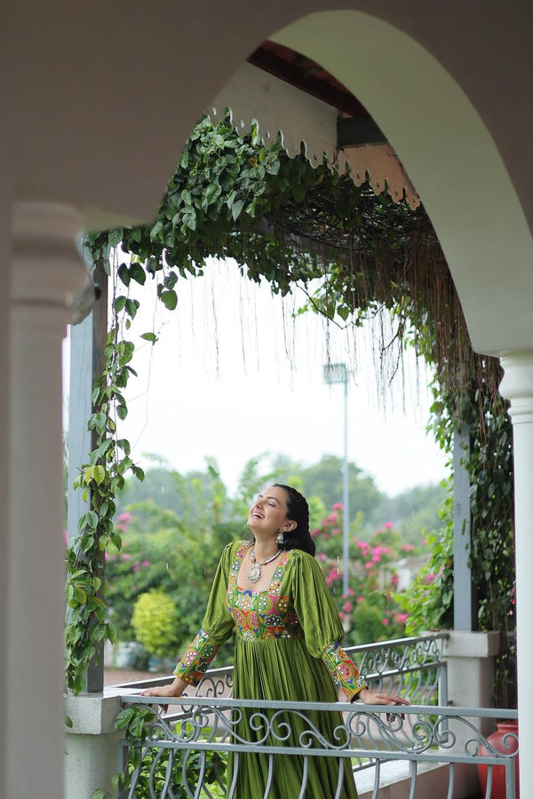 Pista Rayon Kutchi Gamthi Work Gown with 3-Layer Frill & 12 Meter Flair ClothsVilla