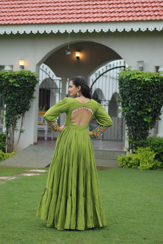 Pista Rayon Kutchi Gamthi Work Gown with 3-Layer Frill & 12 Meter Flair ClothsVilla