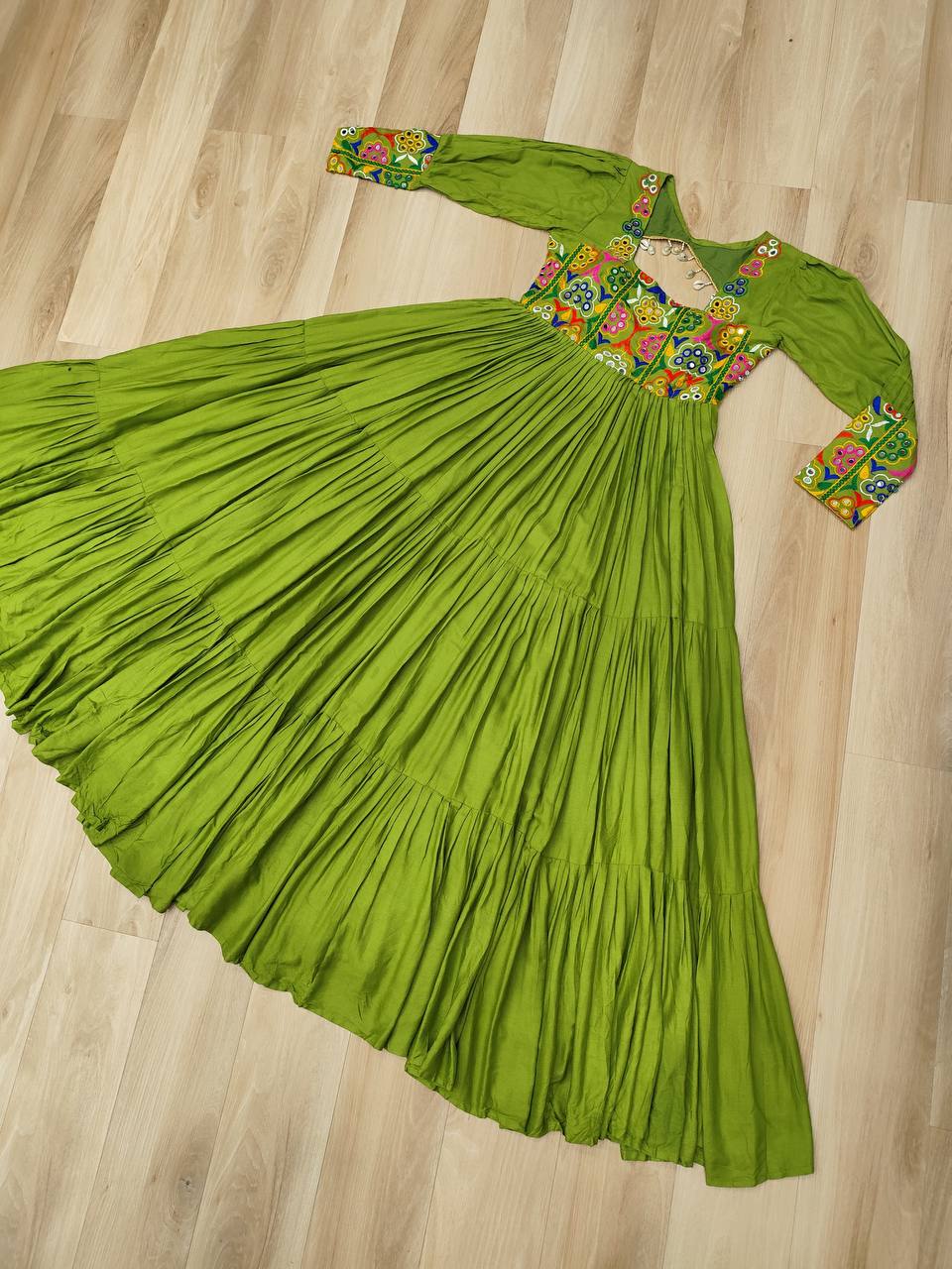 Pista Rayon Kutchi Gamthi Work Gown with 3-Layer Frill & 12 Meter Flair ClothsVilla