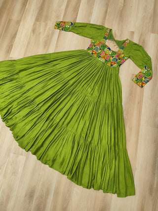 Pista Rayon Kutchi Gamthi Work Gown with 3-Layer Frill & 12 Meter Flair ClothsVilla