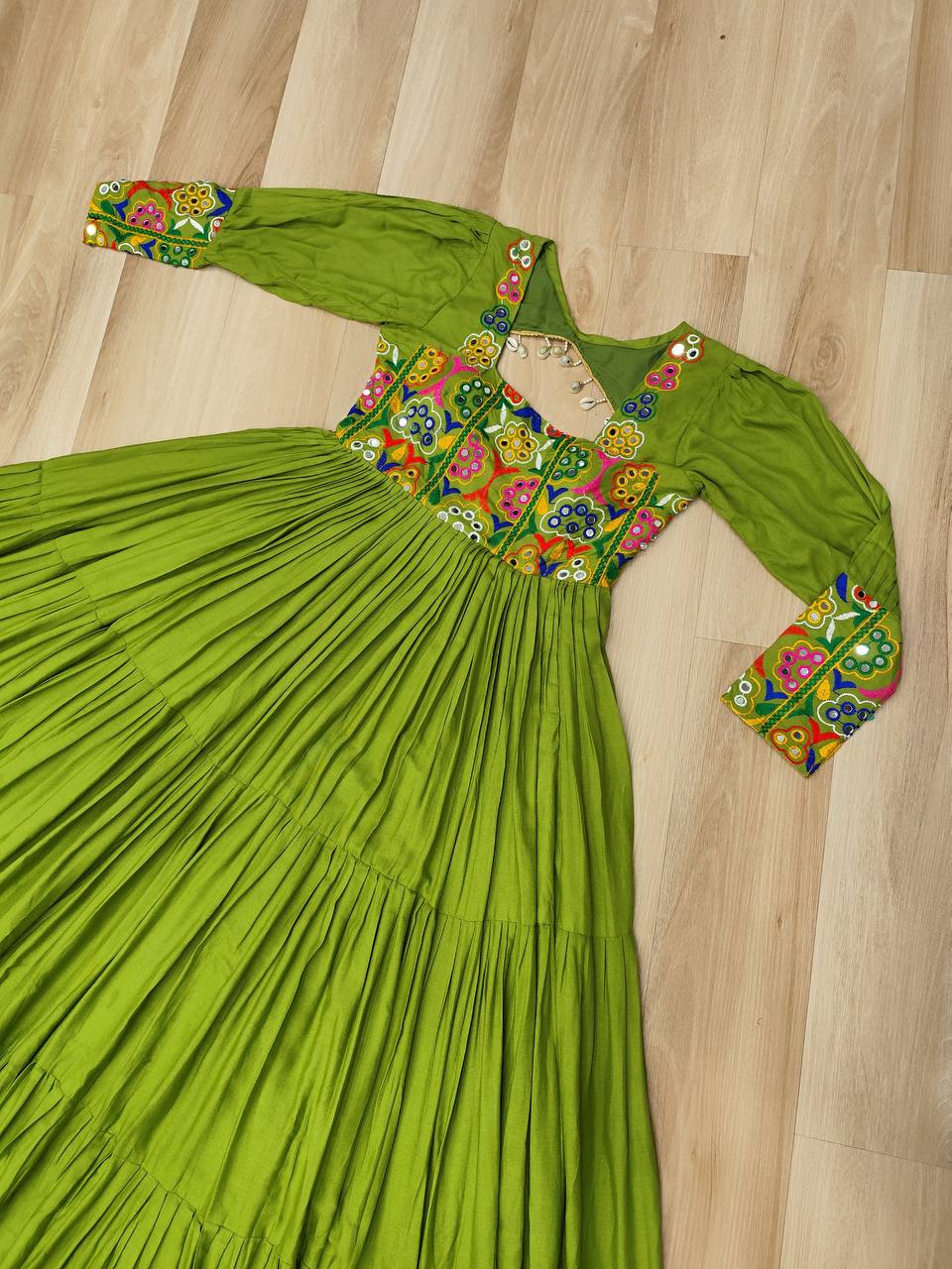 Pista Rayon Kutchi Gamthi Work Gown with 3-Layer Frill & 12 Meter Flair ClothsVilla