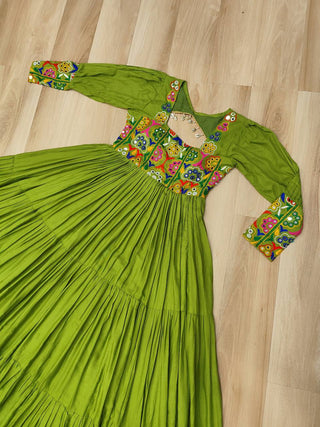 Pista Rayon Kutchi Gamthi Work Gown with 3-Layer Frill & 12 Meter Flair ClothsVilla