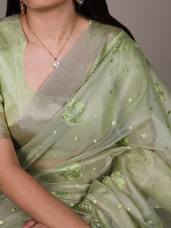Pista Rose Gold Poly Shimmer Saree with Elegant Thread Embroidery and Matching Blouse – Unstitched Ensemble ClothsVilla
