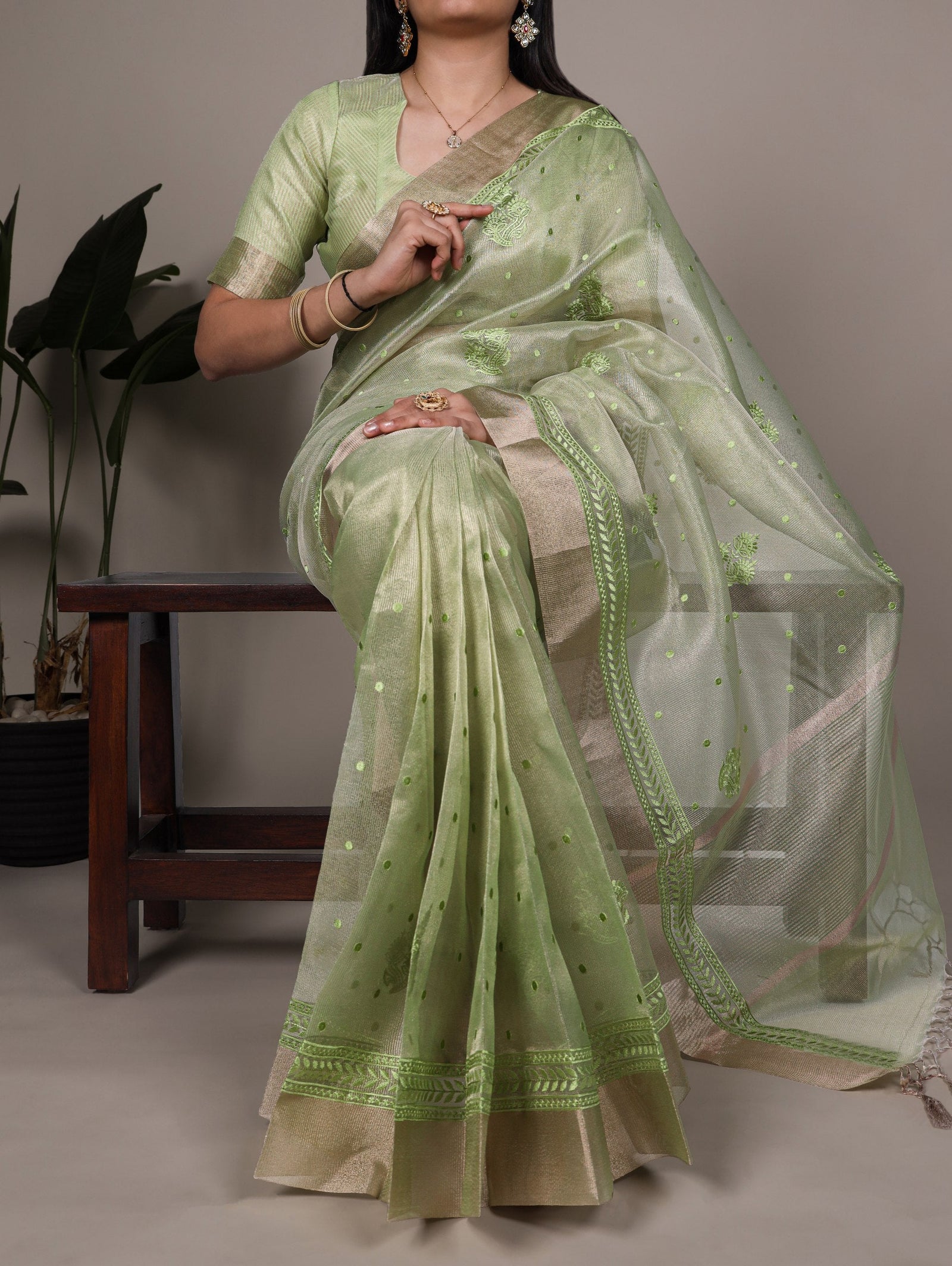 Pista Rose Gold Poly Shimmer Saree with Elegant Thread Embroidery and Matching Blouse – Unstitched Ensemble ClothsVilla