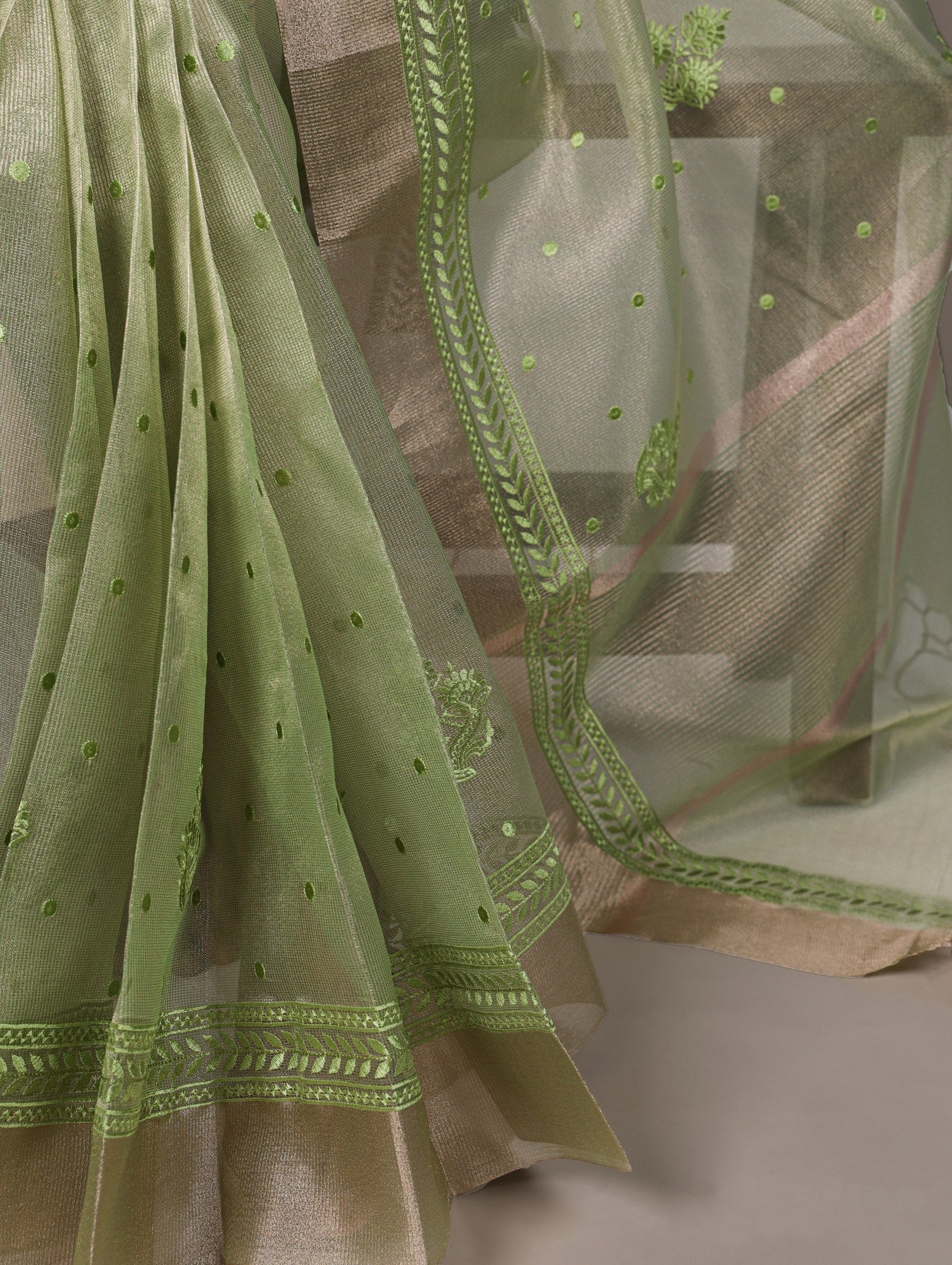 Pista Rose Gold Poly Shimmer Saree with Elegant Thread Embroidery and Matching Blouse – Unstitched Ensemble ClothsVilla
