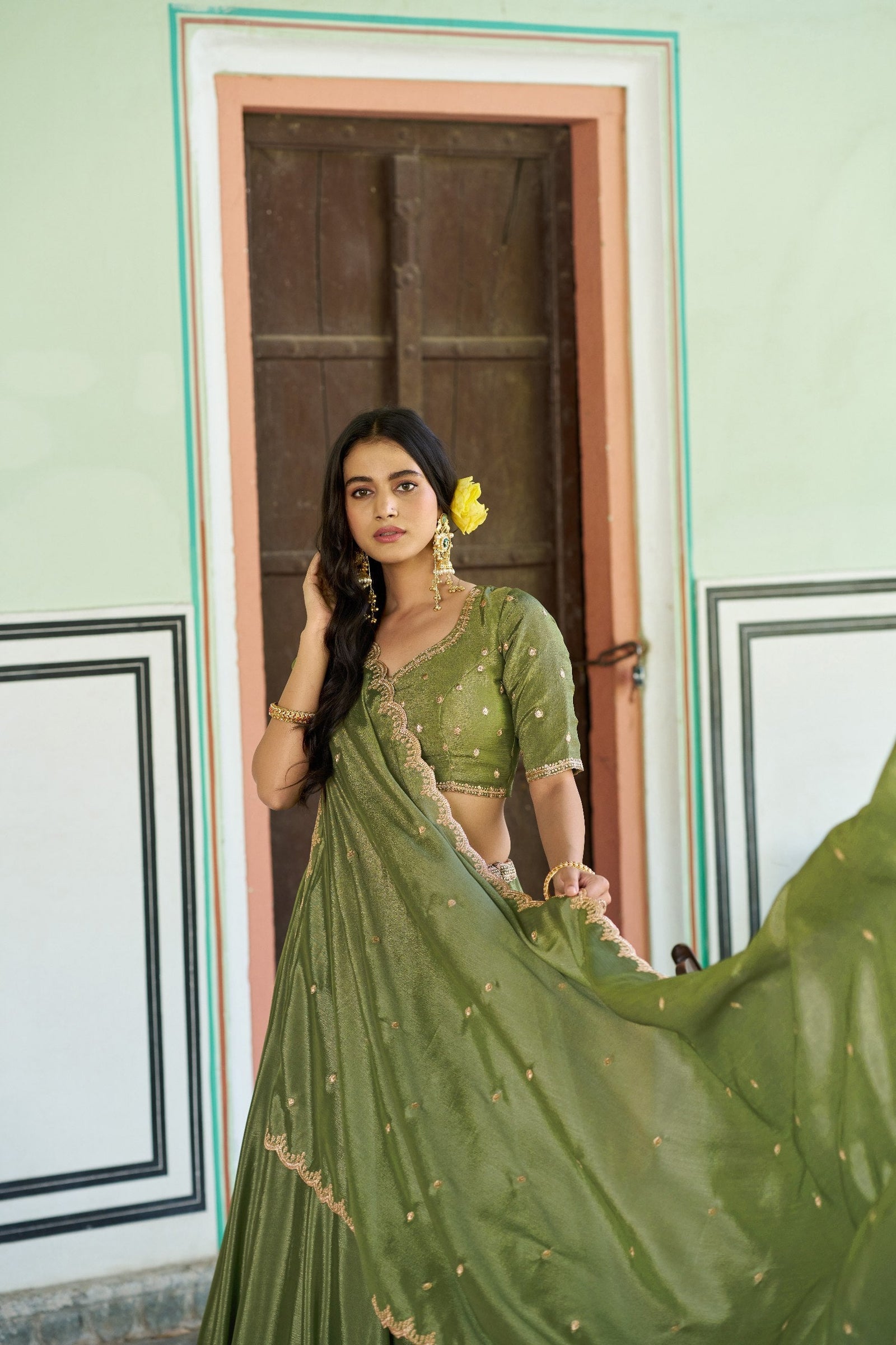 Pista Silk Embroidered Lehenga ClothsVilla