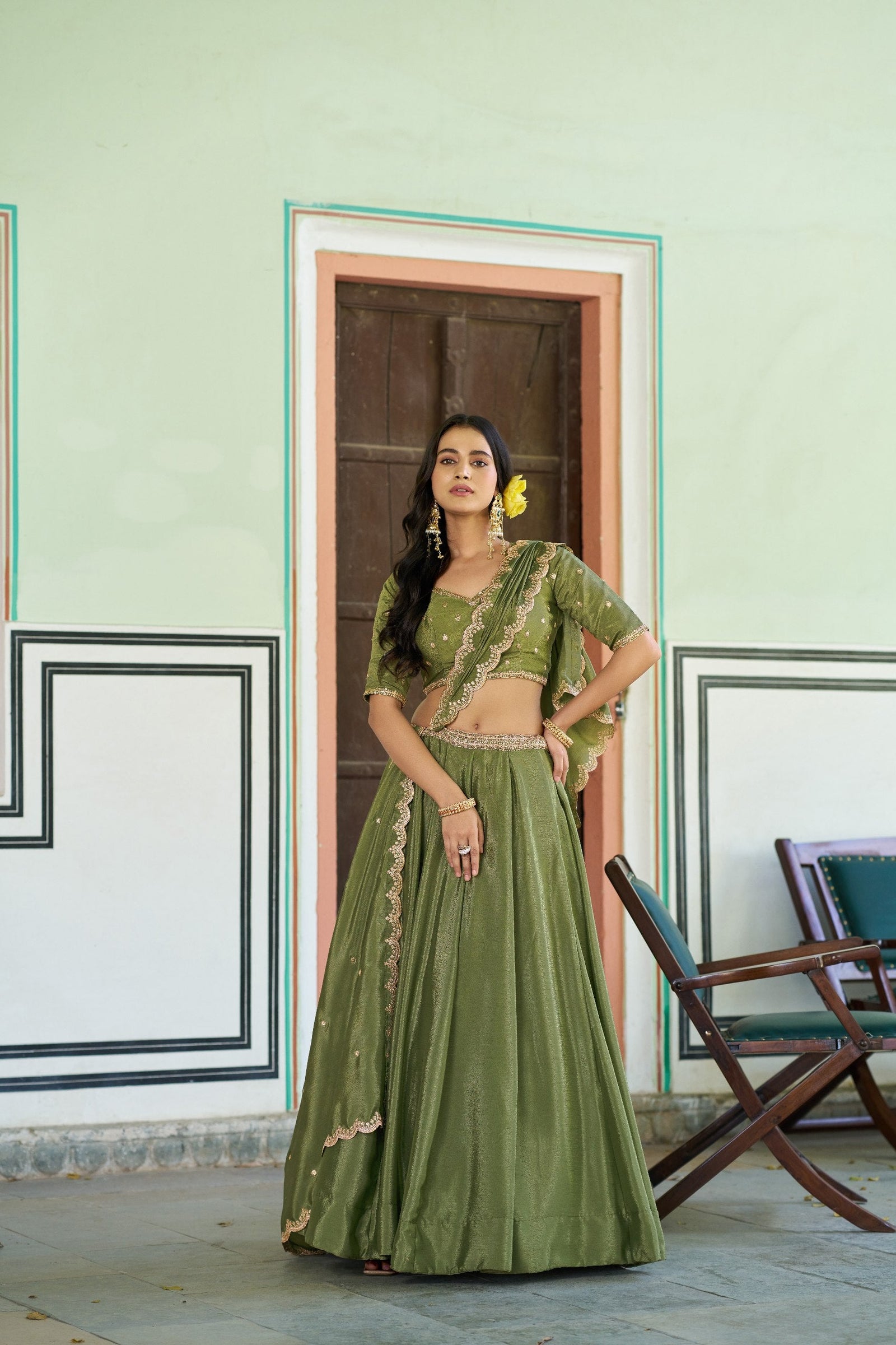 Pista Silk Embroidered Lehenga ClothsVilla
