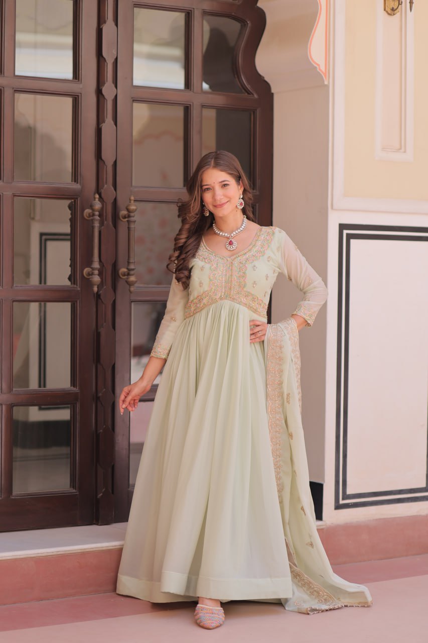 Pista Star Georgette Gown with Dupatta – Beads & Sequins Multi-Embroidery ClothsVilla