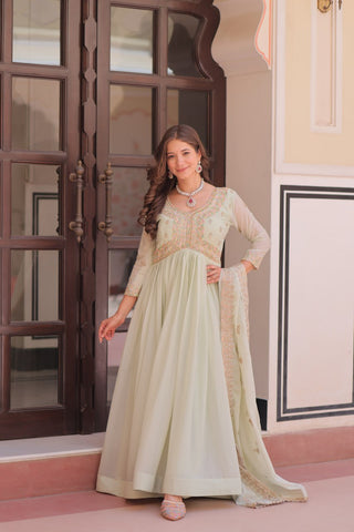 Pista Star Georgette Gown with Dupatta – Beads & Sequins Multi-Embroidery ClothsVilla