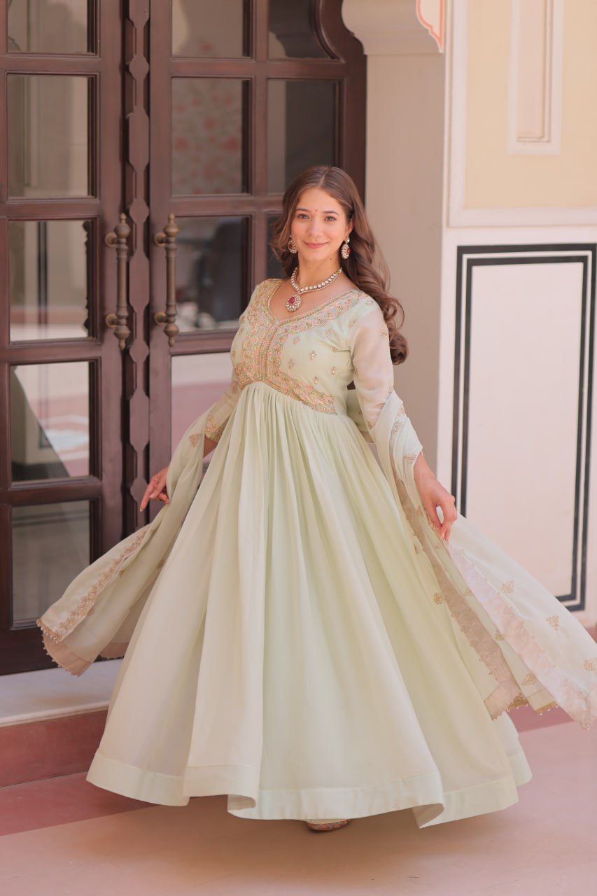 Pista Star Georgette Gown with Dupatta – Beads & Sequins Multi-Embroidery ClothsVilla