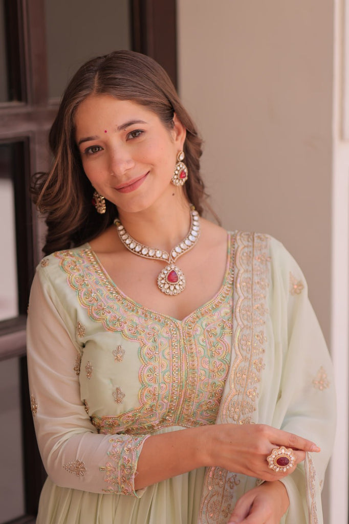 Pista Star Georgette Gown with Dupatta – Beads & Sequins Multi-Embroidery ClothsVilla