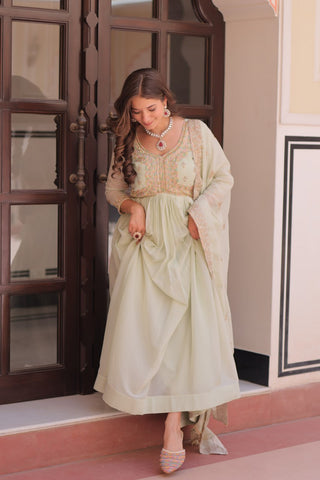 Pista Star Georgette Gown with Dupatta – Beads & Sequins Multi-Embroidery ClothsVilla