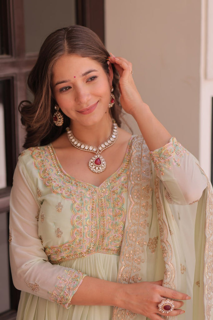 Pista Star Georgette Gown with Dupatta – Beads & Sequins Multi-Embroidery ClothsVilla