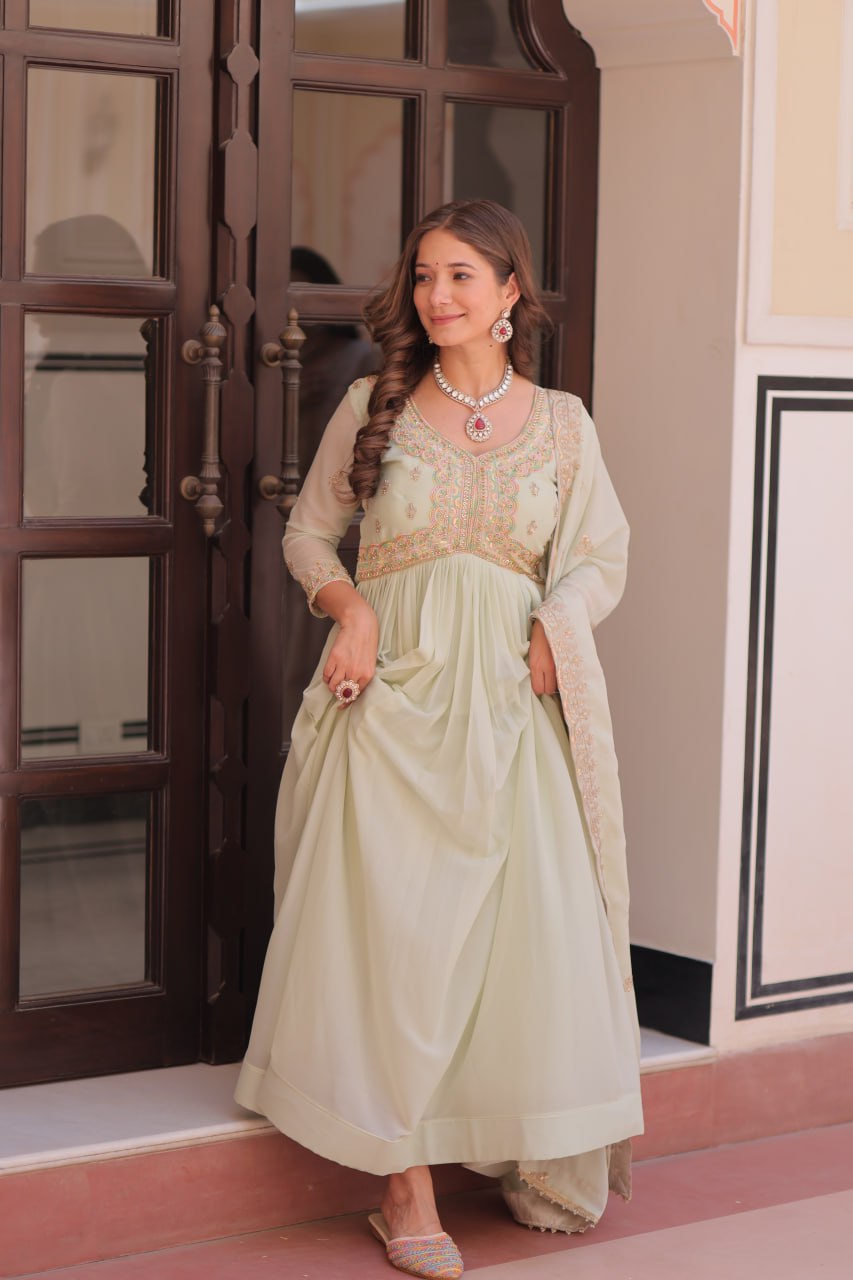 Pista Star Georgette Gown with Dupatta – Beads & Sequins Multi-Embroidery ClothsVilla