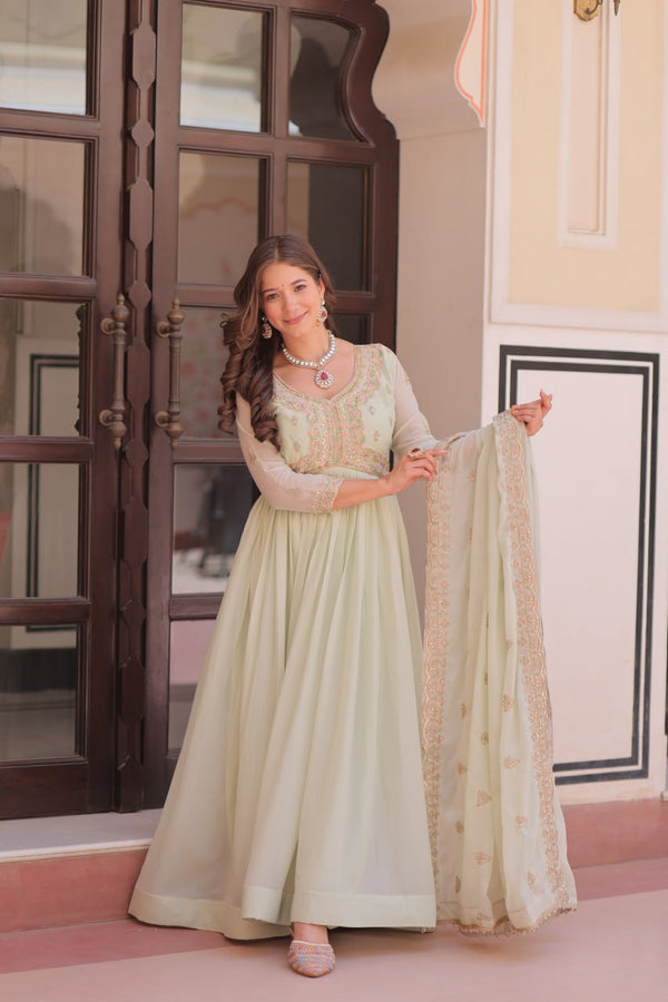 Pista Star Georgette Gown with Dupatta – Beads & Sequins Multi-Embroidery ClothsVilla